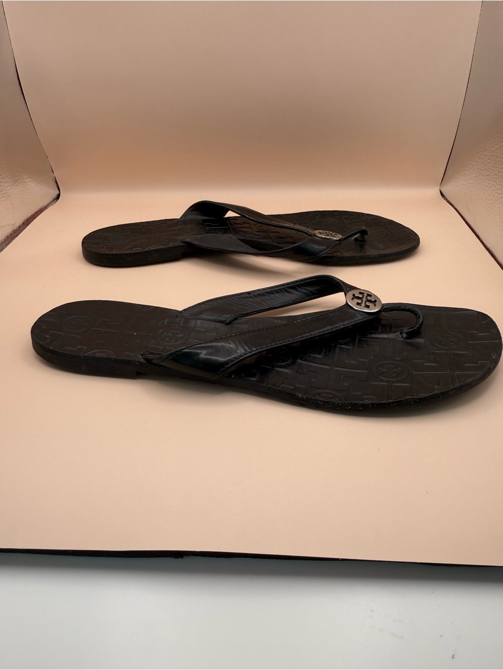 Tory Burch Black Leather Thong Slide Sandals Logo Size 10M - Picture 7 of 8